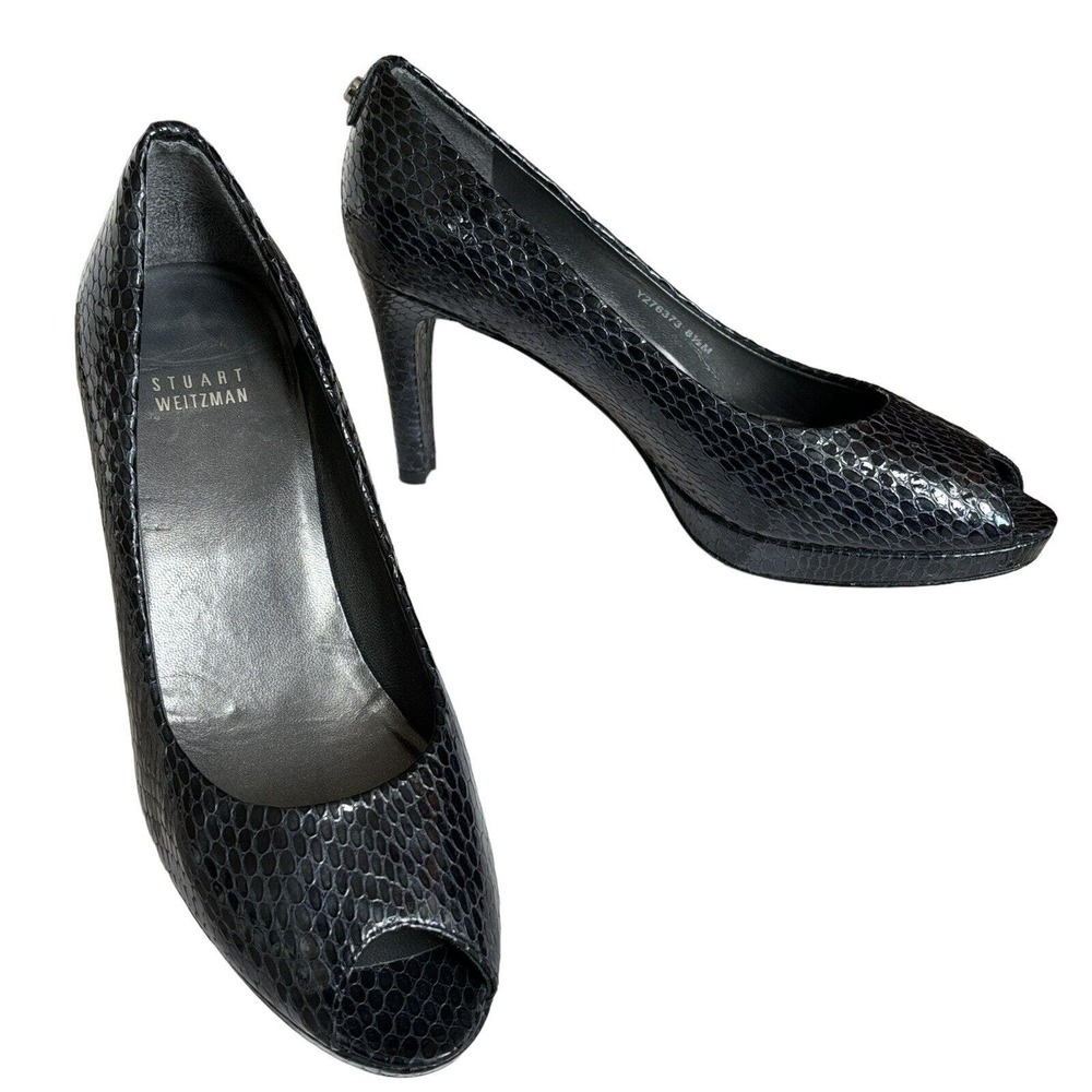 Stuart Weitzman Open Toe Black Patent Leather Snakeskin Print Heels. Sz 8.5. EUC